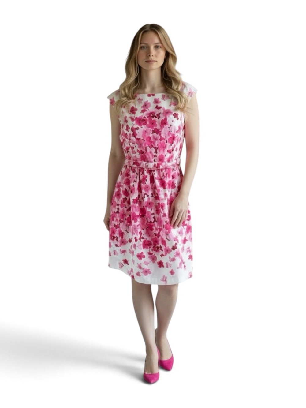 Eliza J Pink Floral & White Belted Fit-and-Flare Dress, women’s size 8